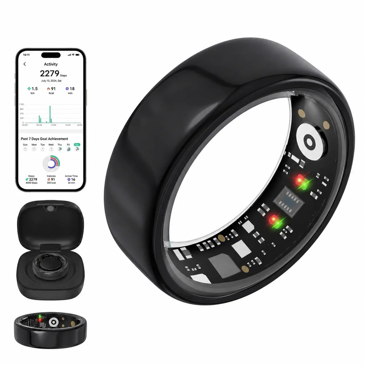 Quriov Smart Ring, Waterproof Tracking Fitness Ring with Sleep, Heart Rate & Blood Pressure Monitoring, with Charging Box Touch Screen Watch Running Watch Compact Durable, Suitable for Both Women and Men