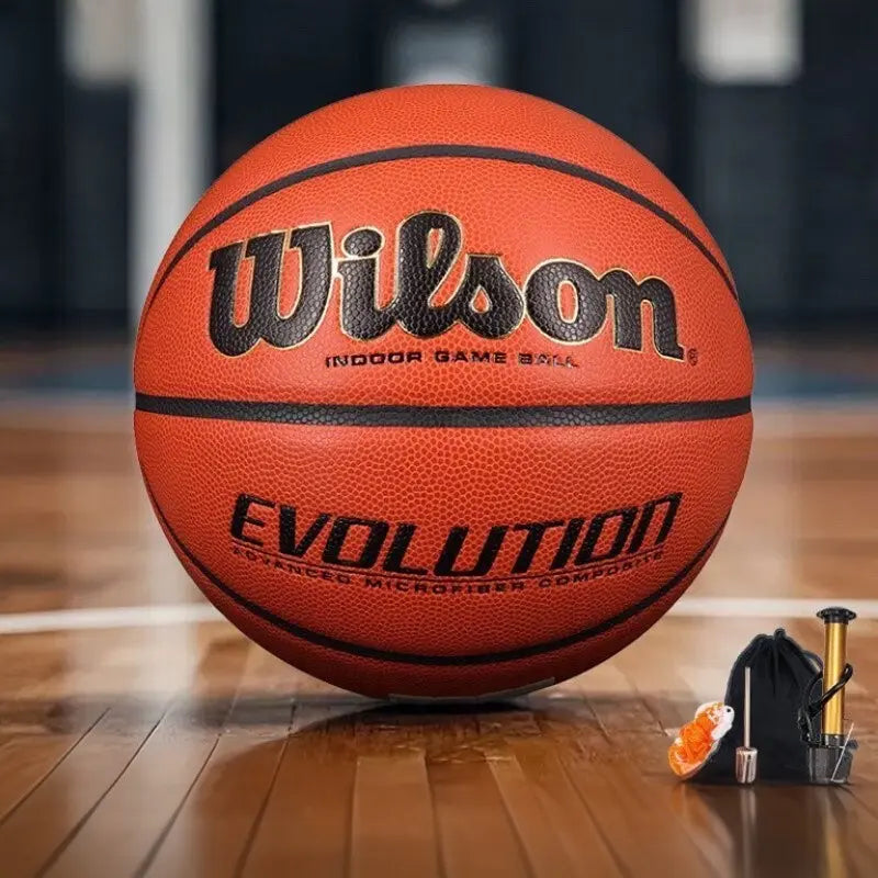 Wilson Evolution Official Size 7 Basketball - Pro Indoor Game Ball with Microfiber Composite Grip,Basketball，Wilson Basketball， Includes Pump Bag and Net Pouch Basketball Equipment