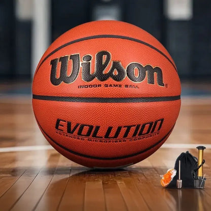 Wilson Evolution Official Size 7 Basketball - Pro Indoor Game Ball with Microfiber Composite Grip,Basketball，Wilson Basketball， Includes Pump Bag and Net Pouch Basketball Equipment