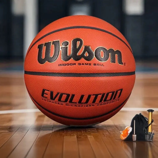 Wilson Evolution Official Size 7 Basketball - Pro Indoor Game Ball with Microfiber Composite Grip,Basketball，Wilson Basketball， Includes Pump Bag and Net Pouch Basketball Equipment