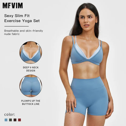 MFVIM Women’S Faux Two-Piece Sports Set Featuring a Bra Top and High-Waisted Shorts—A Casual, Breathable, Comfortable, Seamless Two-Piece Suitable for Yoga, the Gym, and Running; Women’S All-Season Activewear.