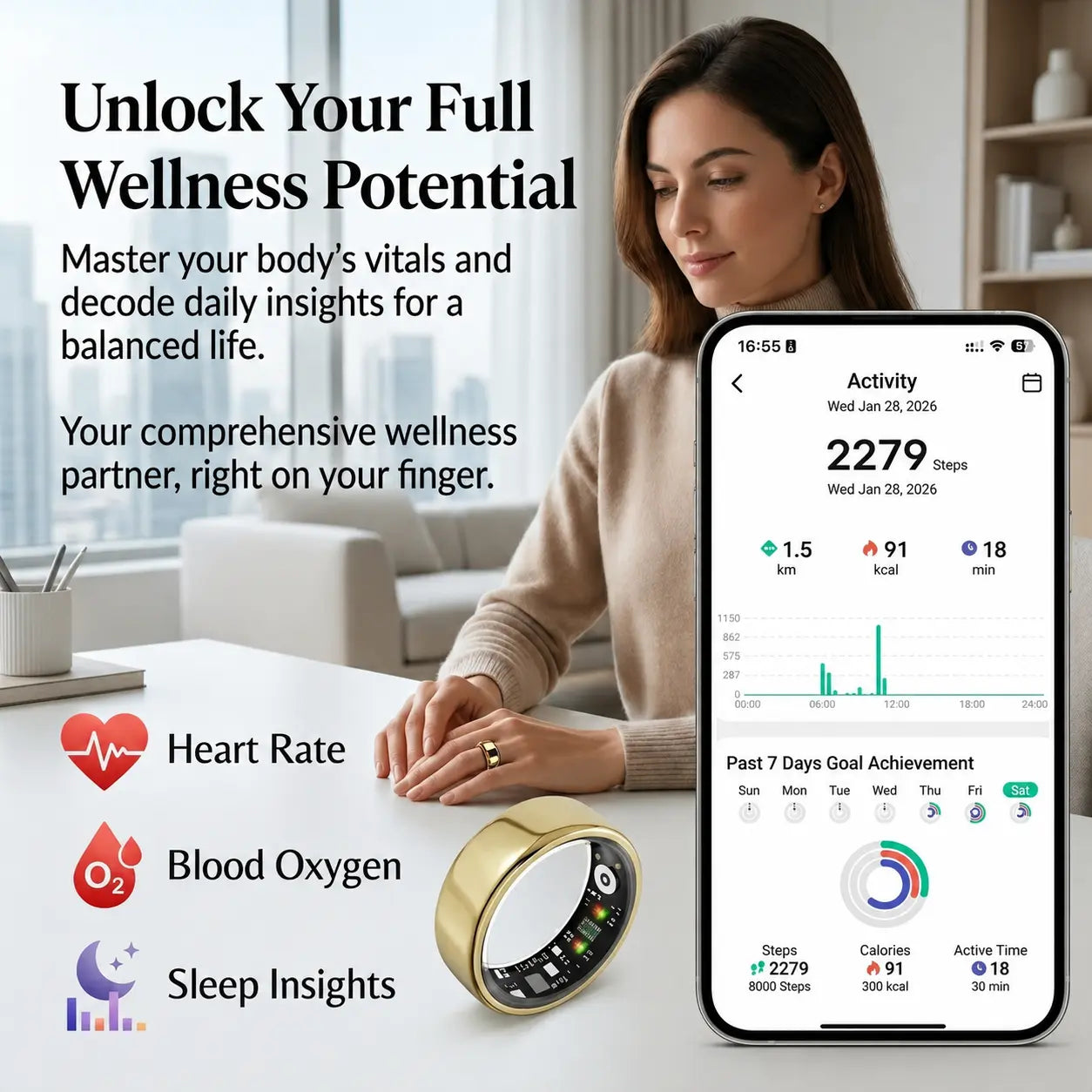 Quriov Smart Ring, Waterproof Tracking Fitness Ring with Sleep, Heart Rate & Blood Pressure Monitoring, with Charging Box Touch Screen Watch Running Watch Compact Durable, Suitable for Both Women and Men
